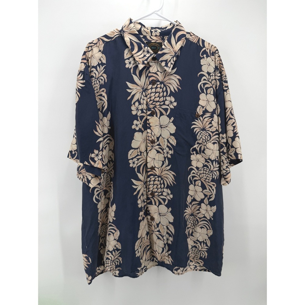 Hawaiian Silk Company Shirt Men XL Navy Blue Tropical Pineapple Floral Print EUC